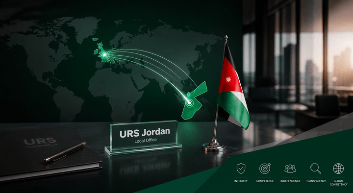 Modern corporate visual representing URS Jordan as a Local Office within URS Holdings UK, with a structured professional atmosphere reflecting corporate consistency, UK institutional extension, and disciplined third-party service delivery in Jordan.