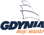 Na jasnym tle logo Miasta Gdynia- trzy prostokątne rozdęte żagle pod nimi napis: Gdynia moje miasto
