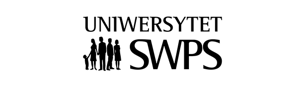 Na białym tle czerwone logo Uniwersytetu SWPS przedstawiające ludzi trzymających się za ręce