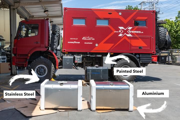 4xtremes 4x4 expedition truck with padoan diesel tanks, stainless steel tank, aluminum tank, painted steel tank