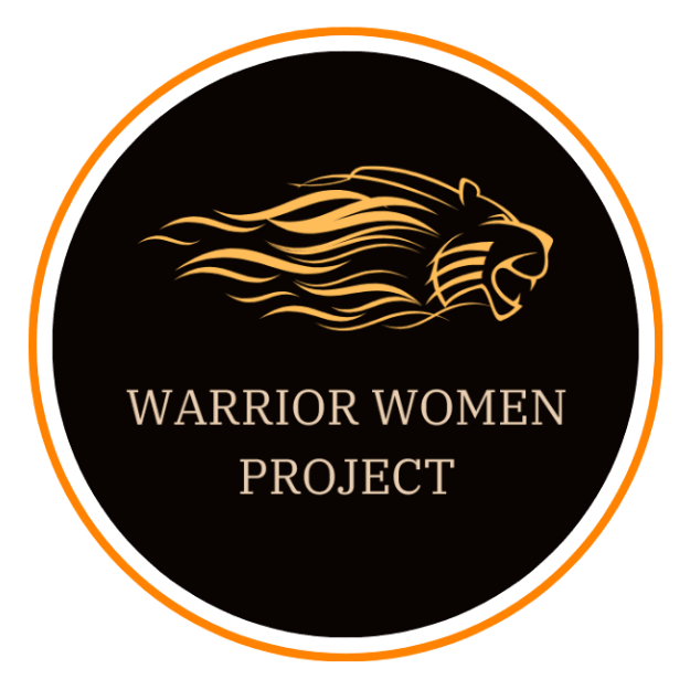 This logo is black with an orange outline. Inside is an illustration of a lion’s head in yellow, with the words Warrior Women Project in a lighter yellow.