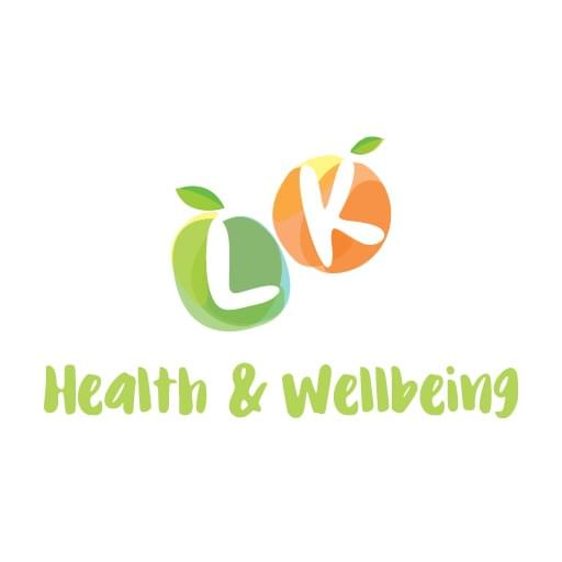 A logo of an illustrated green apple with the letter L, inside it. Next to it is an orange with the letter K, inside. below are the words Health and Wellbeing in green.