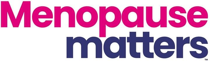A logo that says Menopause Matters. The word menopause is dark pink, and matters is dark blue. The words are split on two lines, ranged right.