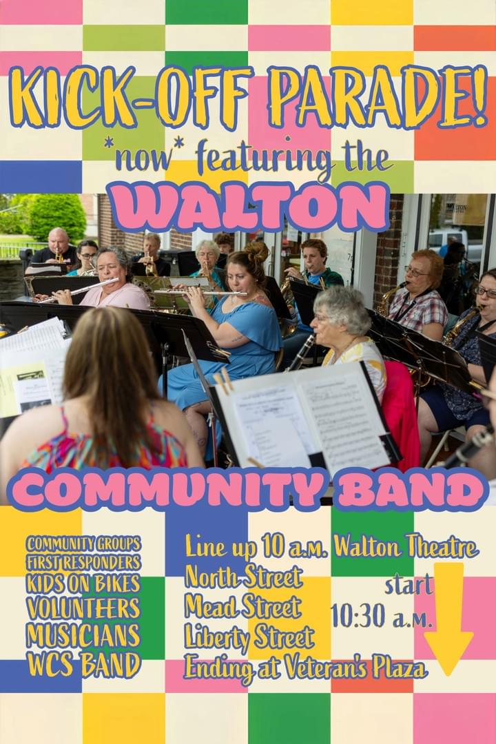 Poster promoting Kick-Off Parade featuring Philadelphia Mummers. It highlights parade details including lineup at 10 a.m. on Walton Theatre, route through North, Mead, Liberty Streets, and ending at Veteran's Plaza, with colorful costumes and event roles listed.