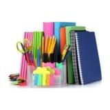 Wholesale stationary supply, including narrow ruled sheets, sticky notes, backpack, file pockets, staples in card, scissors, plastic file case, ball point pens, and transparent tape.