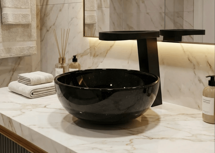 Bol à poser petite salle d'eau / Bol à poser noir Tunisie / Bol à poser petite taille Tunisie / Salle de bain Tunisie / Vasque bol à poser Tunisie / Petite vasque à poser Tunisie / Vasque ronde à poser Tunisie / Bol à poser 30 cm Tunisie