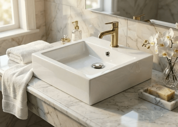 Vasque sanitaire Tunisie / Salle de bains Tunisie / Vasque à poser pas cher Tunisie / Vasque carrée à poser Tunisie / Vasque à poser 45 cm Tunisie / Lavabo à poser Tunisie / Lavabo carré Tunisie