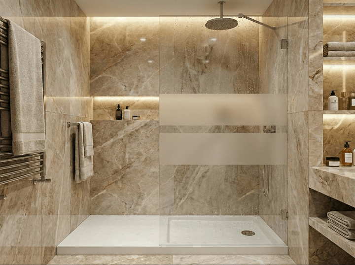 Douche Tunisie / Salle de bain Tunisie / Receveur de douche Tunisie / Douche à l'italienne Tunisie / Parois de douche Tunisie / Parois de douche design Tunisie / Parois de douche clair avec deux bandes design Tunisie