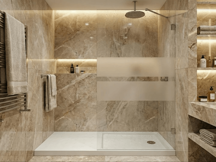 Douche Tunisie / Salle de bain Tunisie / Receveur de douche Tunisie / Douche à l'italienne Tunisie / Parois de douche Tunisie / Parois de douche design Tunisie / Parois de douche clair avec deux bandes design Tunisie