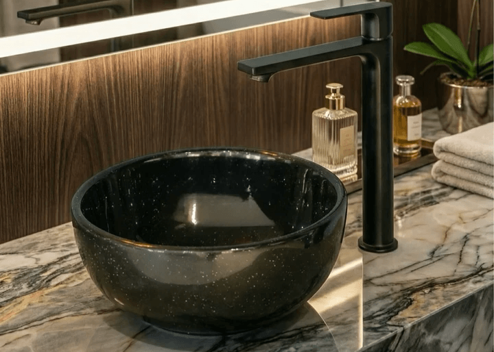 Bol à poser petite salle d'eau / Bol à poser noir Tunisie / Bol à poser petite taille Tunisie / Salle de bain Tunisie / Vasque bol à poser Tunisie / Petite vasque à poser Tunisie / Vasque ronde à poser Tunisie / Bol à poser 30 cm Tunisie