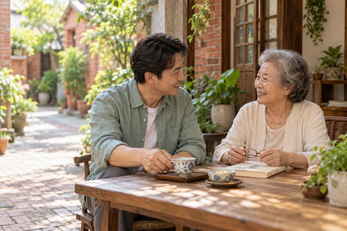 AI 生成情境示意:紅磚庭院中,一位成年男性與年長女性坐在桌邊喝茶交談,非實際服務個案