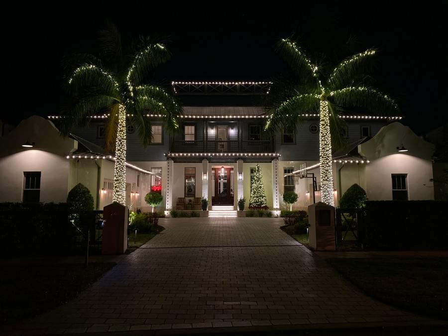 Roofline Christmas lights professionally installed on a Tampa Bay home