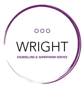white circular logo featuring a white circular brushstroke emblem surrounding the word ‘WRIGHT’ in bold uppercase lettering, with three small white dots above it and the text Counselling & Supervision Service’ below.