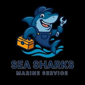 Sea Sharks Marine logo featuring shark mascot and wrench