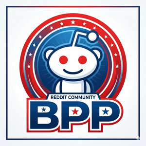An vibrant illustrated infographic poster with a red, white, and blue theme, centered around the Reddit community "BPP". At the center is a stylized Reddit Snoo logo in a shield with stars and the text "REDDIT COMMUNITY BPP" in a patriotic font. Surrounding the logo, multiple people of diverse backgrounds are actively engaged with smartphones and tablets, all themed around earning and play. On the left, people are taking a 'PAID SURVEY' (text clearly visible) with gold coins (labeled $, £), dollar bills, and survey icons floating around. Above them, a smartphone displays a 'PAY' button and flying currency. On the right, people are playing mobile games with high scores and gift boxes, featuring floating dollar signs, pound signs, currency, a treasure chest, and a gift box. A second group of gamers uses tablets below. The overall composition is a dynamic explosion of money, data, and social interaction, with star patterns and geometric panels providing a patriotic background. Text labels like "PAID SURVEY", "PAY", "GAMES", "HIGH SCORE", "PLAY", "BPP", and "REDDIT COMMUNITY" are clearly legible. Multiple currencies are present, including dollar ($) and pound (£). The style is a clean, modern vector illustration.