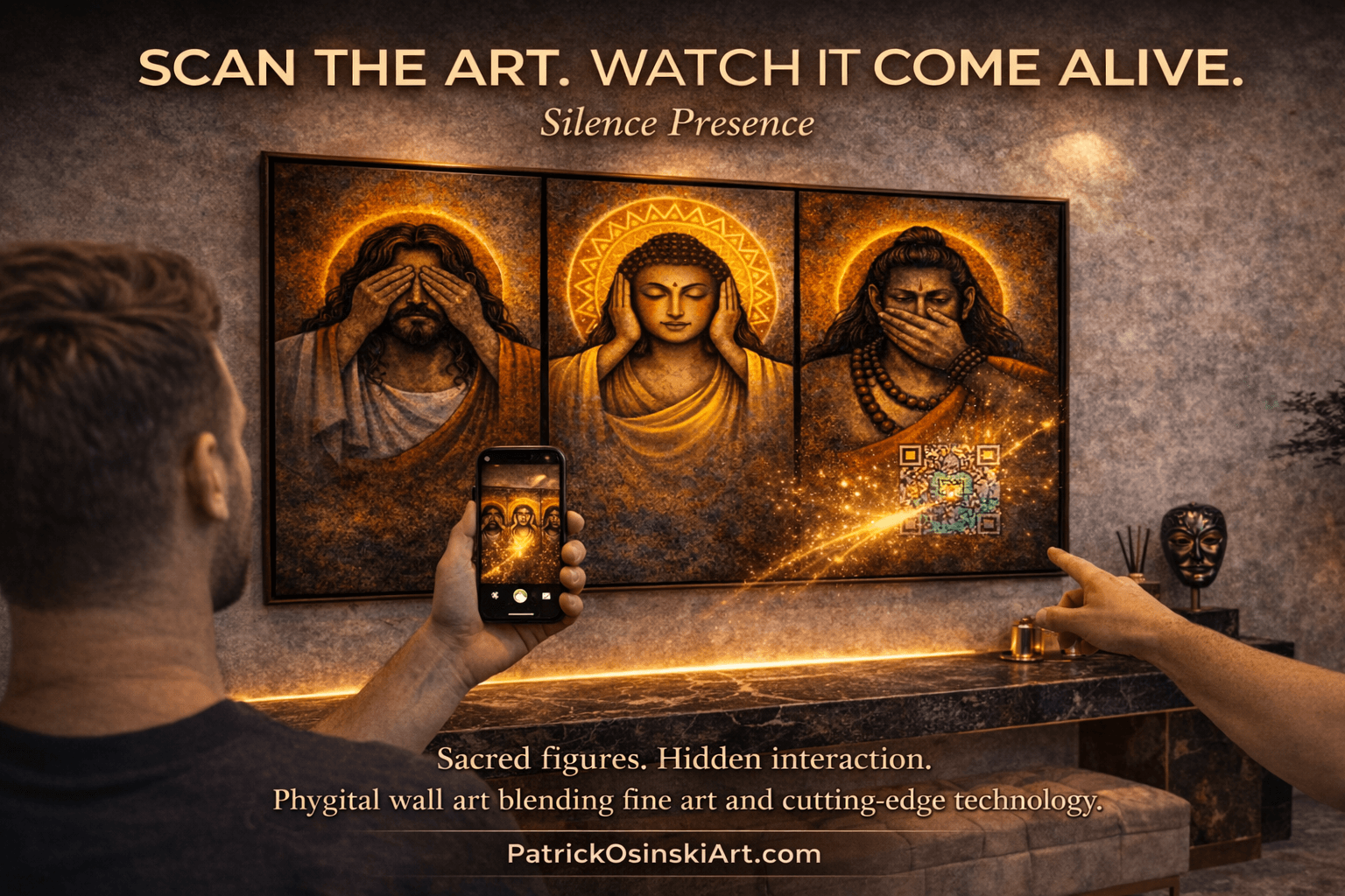 See Nothing Hear Nothing Speak Nothing phygital metal artwork on the wall, with a phone showing the AR reveal in the browser