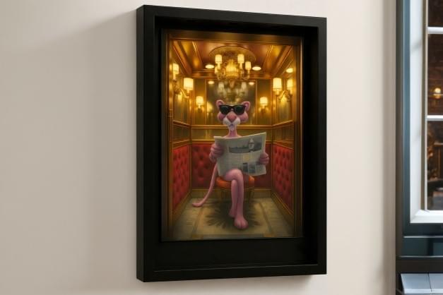 Pink Panther framed metal artwork on wall, phygital edition of 3, 42x60 cm