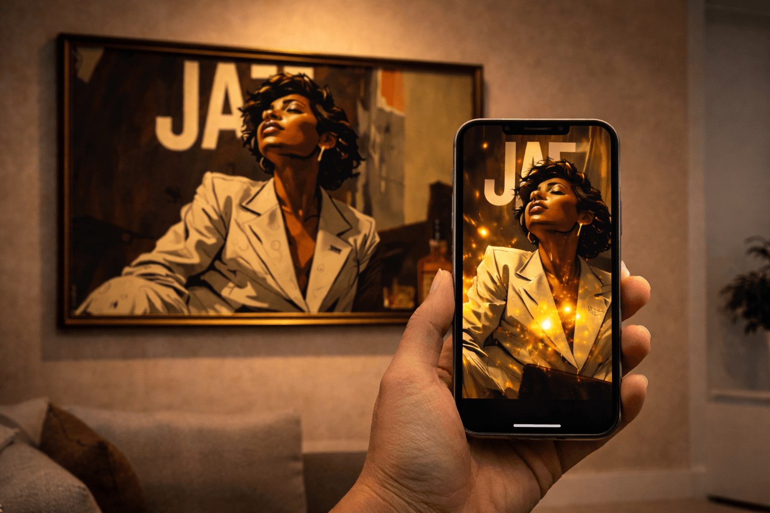 Midnight Jazz phygital metal artwork on the wall, with a phone showing the AR reveal in the browser