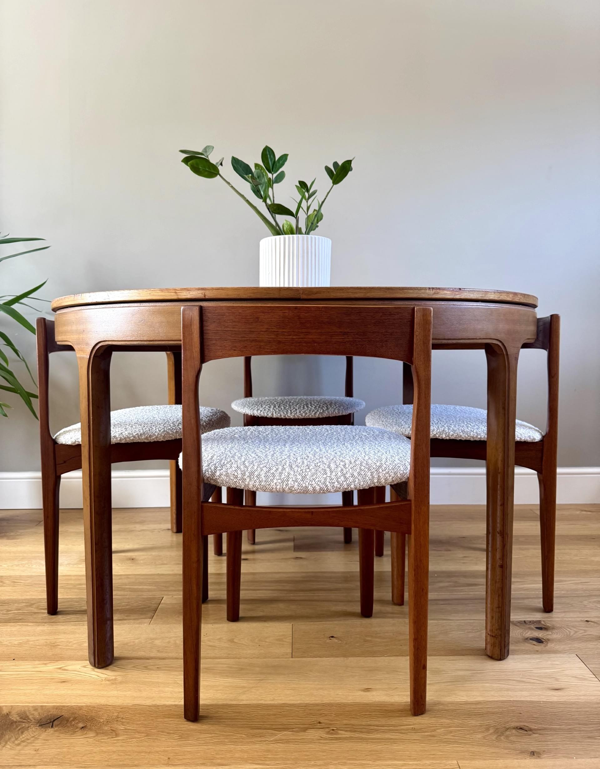 SOLD Nathan Retro Round Extending Dining Table and Chairs, Set of 4