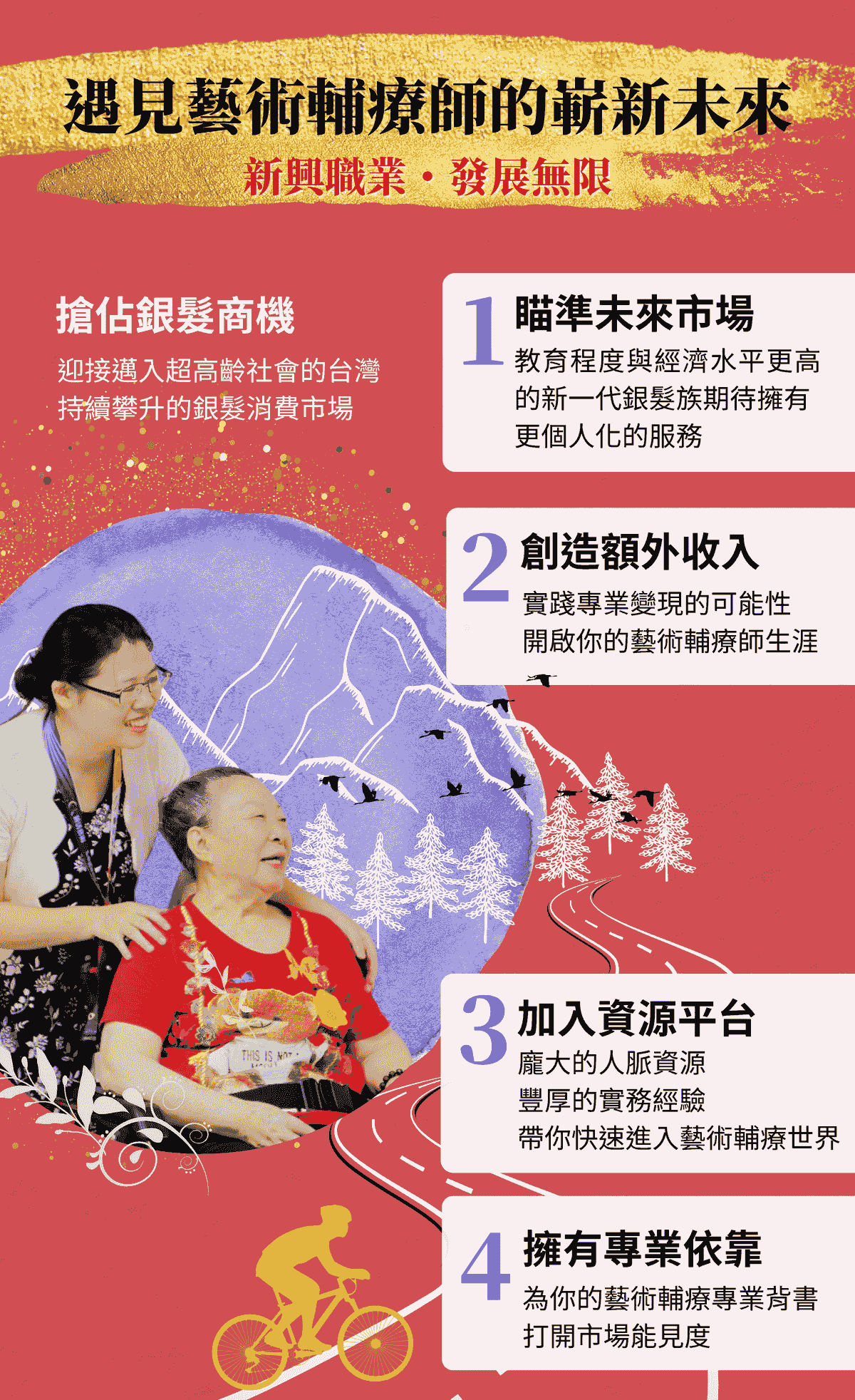 藝術輔療師職涯發展與銀髮商機分析,掌握3.6兆市場規模,透過專業認證創造額外收入與自由接案機會。 藝術輔療師職涯發展與銀髮商機分析,掌握3.6兆市場規模,透過專業認證創造額外收入與自由接案機會。
