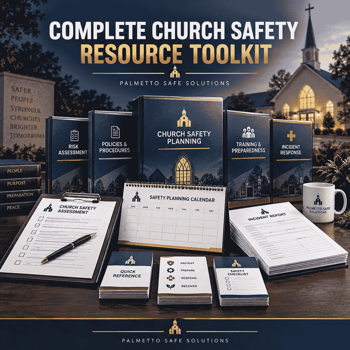Complete Church Safety Resource Toolkit illustration showing planning, assessment, training, and incident response resources Complete Church Safety Resource Toolkit illustration showing planning, assessment, training, and incident response resources