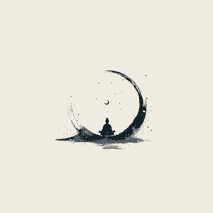 Minimalist Japanese ink icon depicting a seated figure meditating beneath a moon and stars, representing the Nagi signature nighttime ritual for emotional release and renewal Minimalist Japanese ink icon depicting a seated figure meditating beneath a moon and stars, representing the Nagi signature nighttime ritual for emotional release and renewal