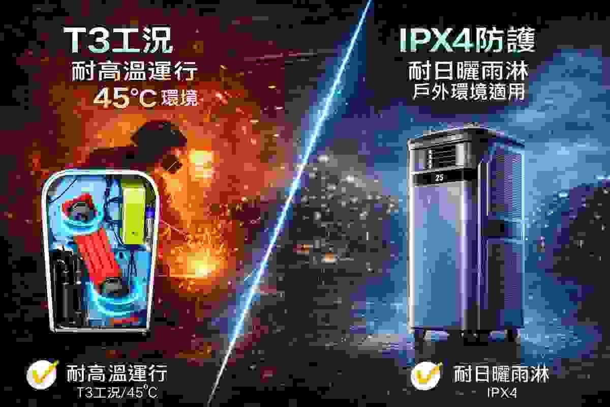 可在高溫氣候條件下45度正常運行,全機IPX4防潑淋防護,屬於工業型級的降溫冷卻移動空調。 可在高溫氣候條件下45度正常運行,全機IPX4防潑淋防護,屬於工業型級的降溫冷卻移動空調。