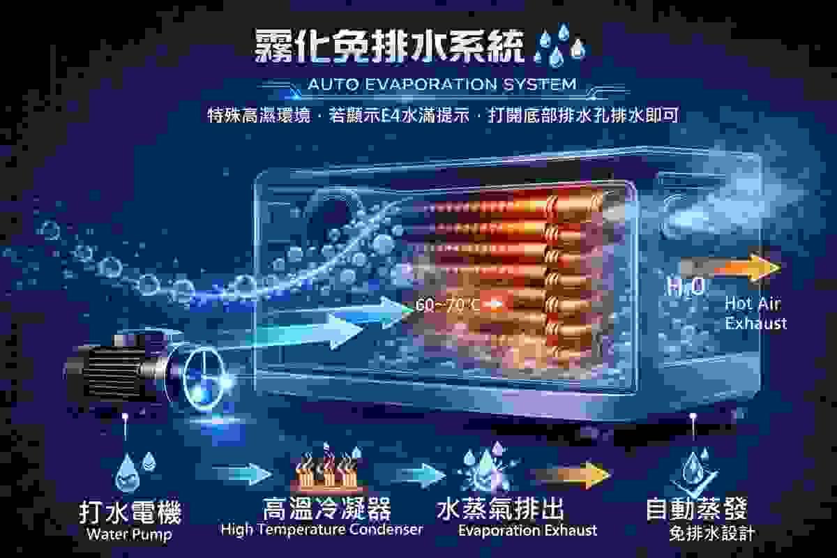 濕度95%RH內免排水系統,透過自蒸發電機循環冷凝蒸發,同步凍清潔兩器,同時完成蒸發與清潔。 濕度95%RH內免排水系統,透過自蒸發電機循環冷凝蒸發,同步凍清潔兩器,同時完成蒸發與清潔。