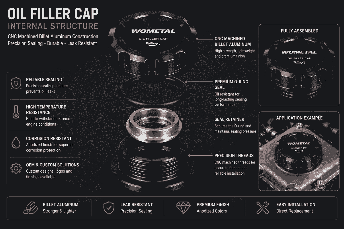 Internal structure of billet aluminum oil filler cap showing CNC machined components, precision sealing, O-ring assembly, and threaded installation for performance engines Internal structure of billet aluminum oil filler cap showing CNC machined components, precision sealing, O-ring assembly, and threaded installation for performance engines