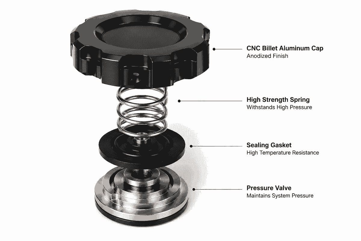 Internal structure of billet aluminum racing radiator cap showing spring and sealing components Internal structure of billet aluminum racing radiator cap showing spring and sealing components