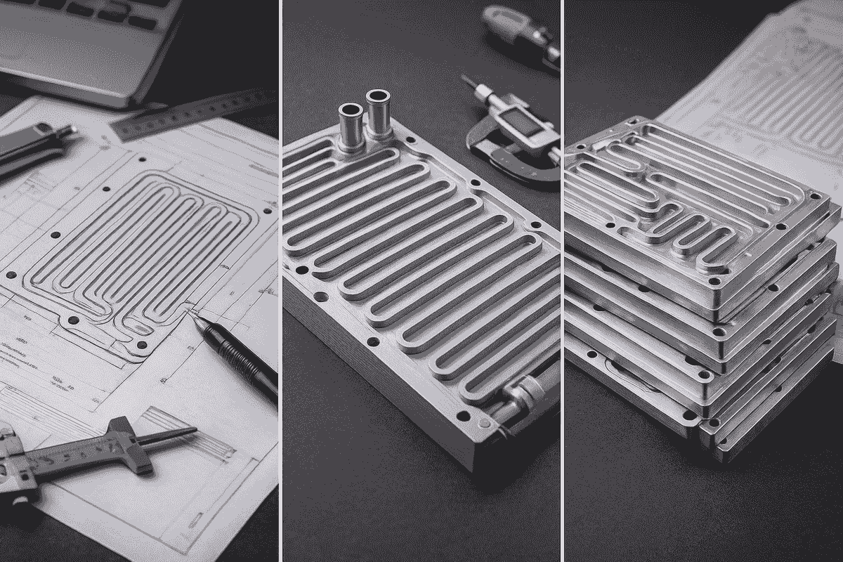 aluminum EV cooling plate prototype with CNC-machined channels and inlet/outlet connectors aluminum EV cooling plate prototype with CNC-machined channels and inlet/outlet connectors