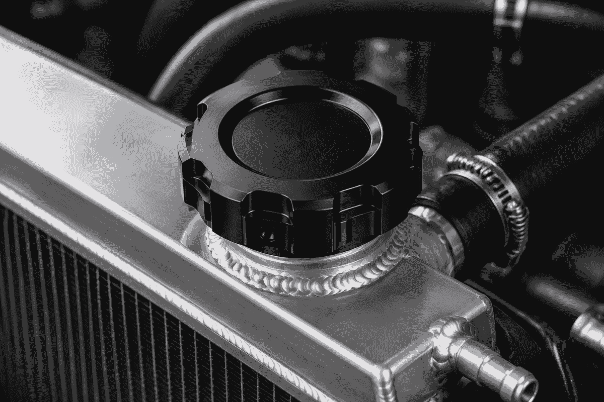 Black anodized locking radiator cap installed on aluminum racing radiator Black anodized locking radiator cap installed on aluminum racing radiator