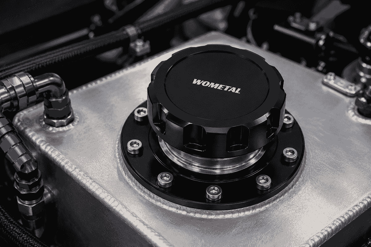 Vented fuel cap installed on custom aluminum fuel tank for motorsport and fuel system applications Vented fuel cap installed on custom aluminum fuel tank for motorsport and fuel system applications
