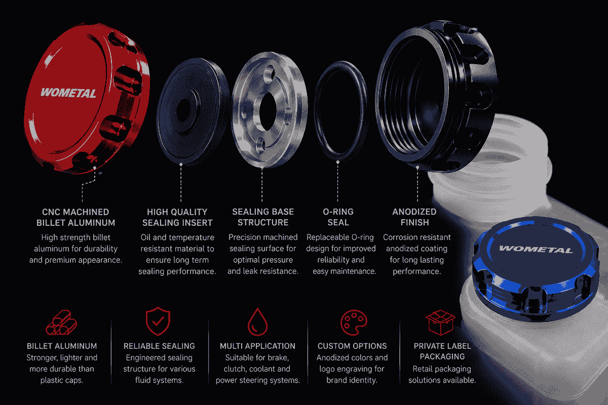 Internal structure of billet aluminum reservoir cap showing CNC machined components sealing insert O-ring assembly and precision threaded design Internal structure of billet aluminum reservoir cap showing CNC machined components sealing insert O-ring assembly and precision threaded design