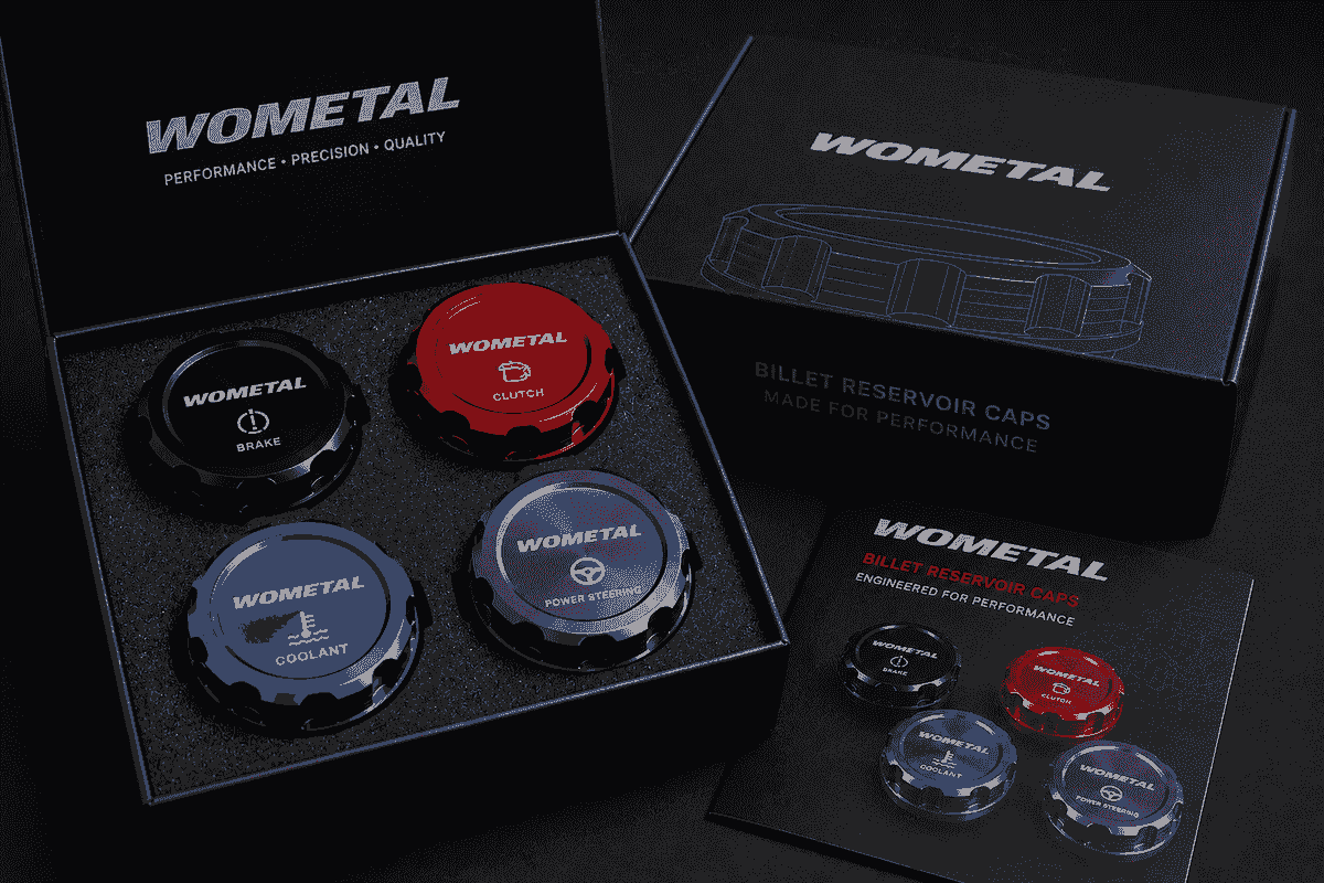 Premium retail packaging for billet aluminum reservoir caps with custom branding foam insert protection and private label development options Premium retail packaging for billet aluminum reservoir caps with custom branding foam insert protection and private label development options