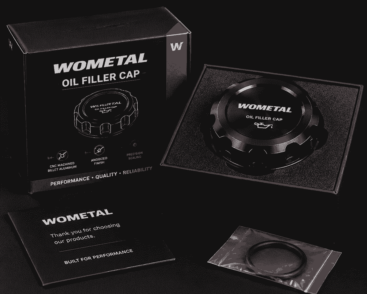 Premium retail packaging for billet aluminum oil filler caps with custom branding, foam insert protection, and private label development options Premium retail packaging for billet aluminum oil filler caps with custom branding, foam insert protection, and private label development options