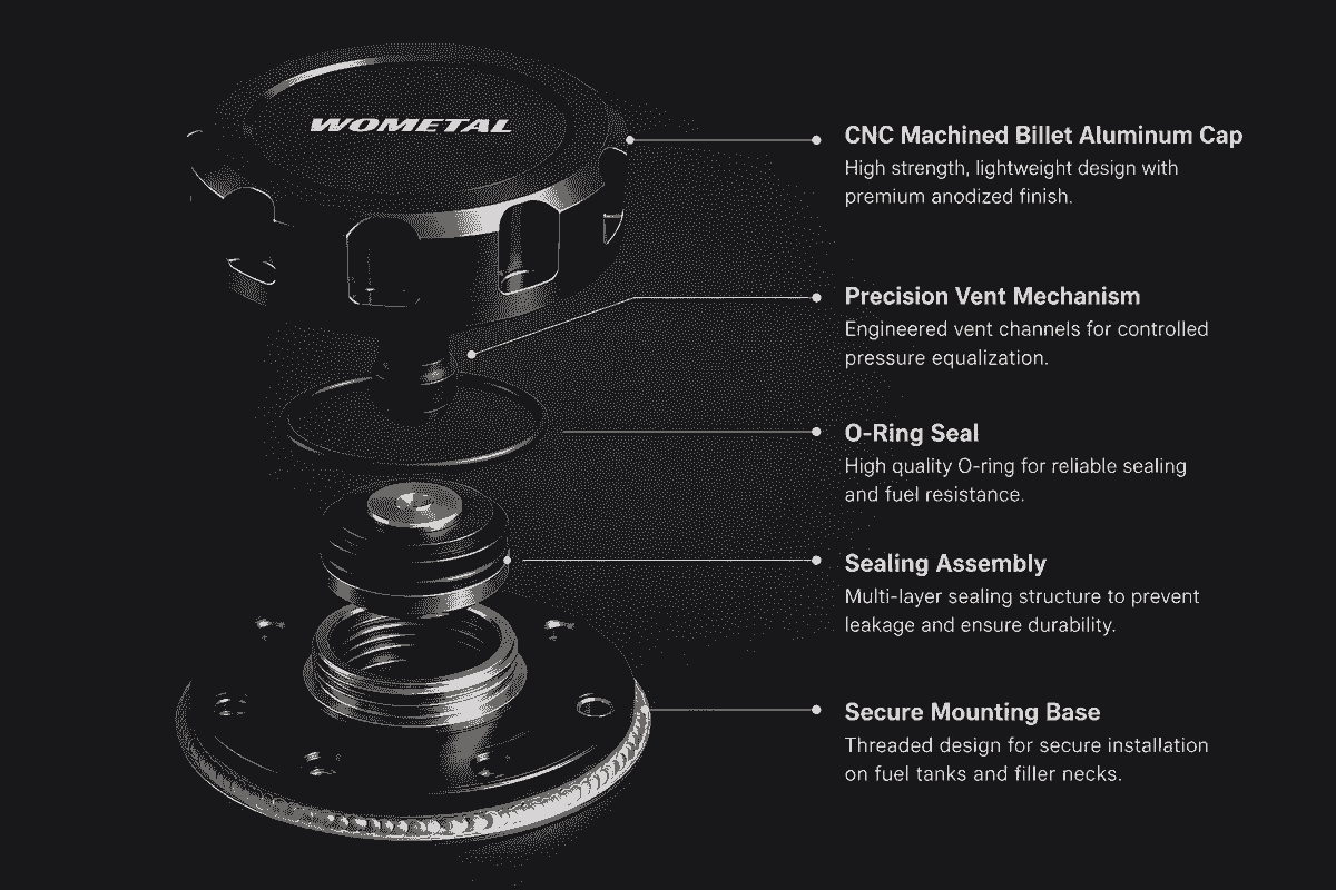 Internal structure of billet aluminum vented fuel cap showing vent mechanism sealing assembly and threaded mounting design Internal structure of billet aluminum vented fuel cap showing vent mechanism sealing assembly and threaded mounting design