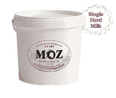 MOZ Fior di Latte mozzarella tub made with single-herd Irish milk. MOZ Fior di Latte mozzarella tub made with single-herd Irish milk.