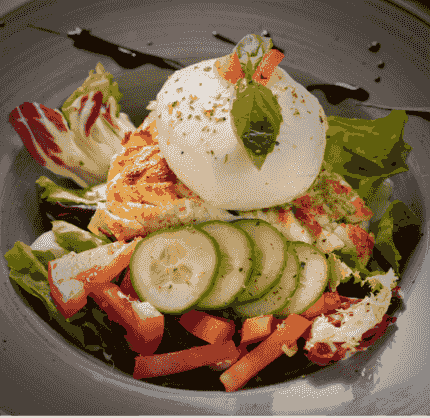 Fior di Latte mozzarella served on a fresh salad with tomatoes, cucumber and basil. Fior di Latte mozzarella served on a fresh salad with tomatoes, cucumber and basil.