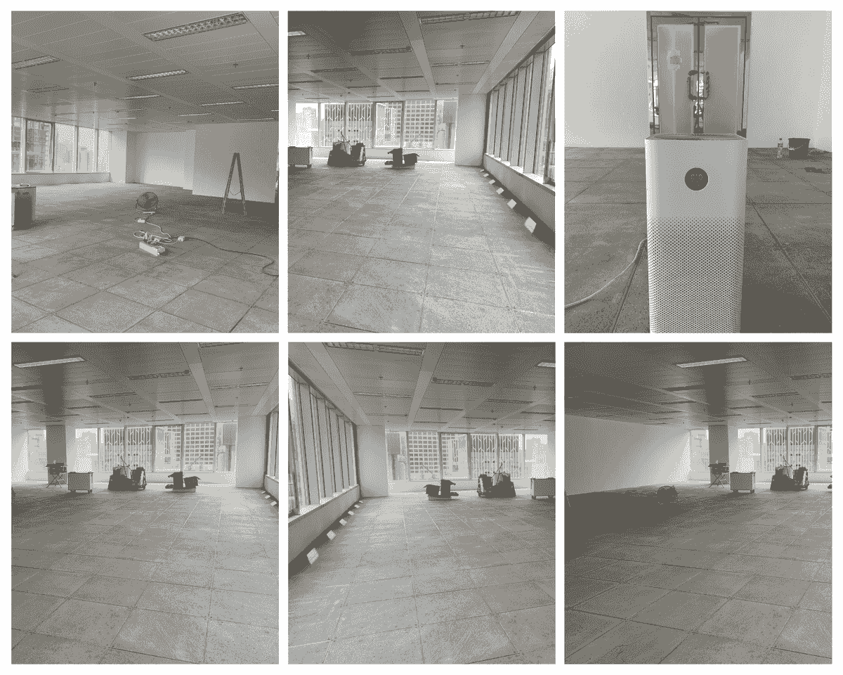 Six-frame collage of reinstated 2,500 sq ft floor at Man Yee Building: clean concrete raised floor, repainted walls, exposed slab, portable air-quality meter reading 9 µg/m³