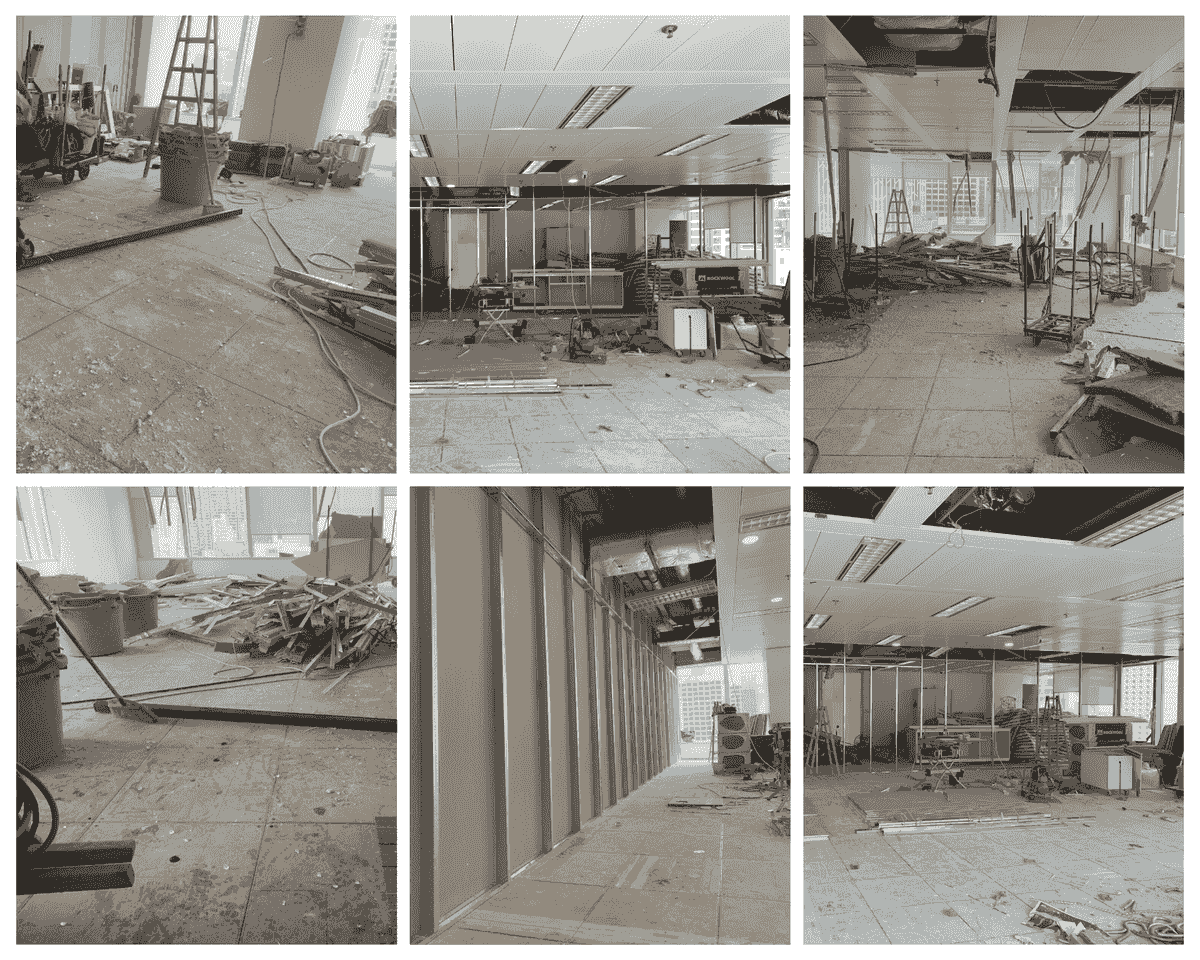 Six-frame collage of Man Yee Building unit during strip-out: raised-floor tiles lifted, partitions demolished, ceiling grids exposed and construction debris piled for removal