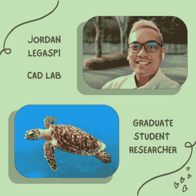 Picture of Jordan (graduate student) and their favorite animal, a turtle!