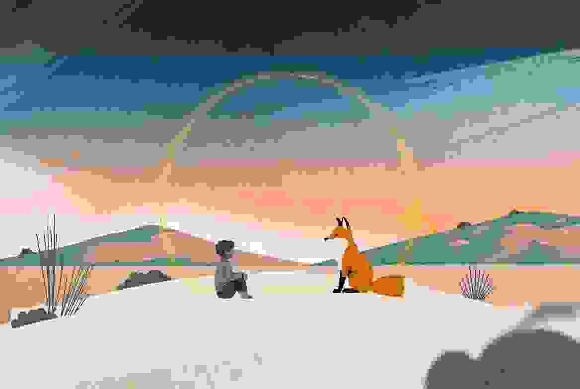 可愛風格的雷諾曼狐狸牌(Fox card)插圖,背景有溫暖的夕陽與狐狸,幫助理解彼此想法|雨露均占|西洋牌卡骨董店 可愛風格的雷諾曼狐狸牌(Fox card)插圖,背景有溫暖的夕陽與狐狸,幫助理解彼此想法|雨露均占|西洋牌卡骨董店