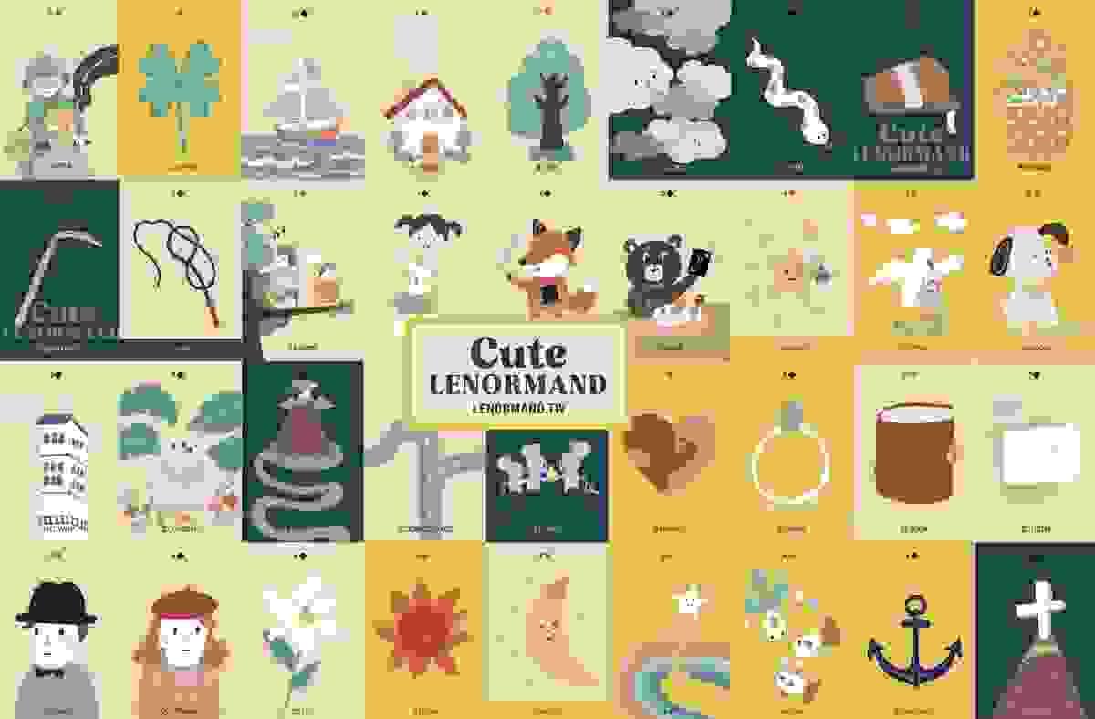 Petit Lenormand 36張牌的特寫,展示日常符號如鑰匙、信件、可愛小狗、鐮刀與房子等,組成直觀的生活拼圖,反映現實細膩脈絡|雨露均占|西洋牌卡骨董店 Petit Lenormand 36張牌的特寫,展示日常符號如鑰匙、信件、可愛小狗、鐮刀與房子等,組成直觀的生活拼圖,反映現實細膩脈絡|雨露均占|西洋牌卡骨董店