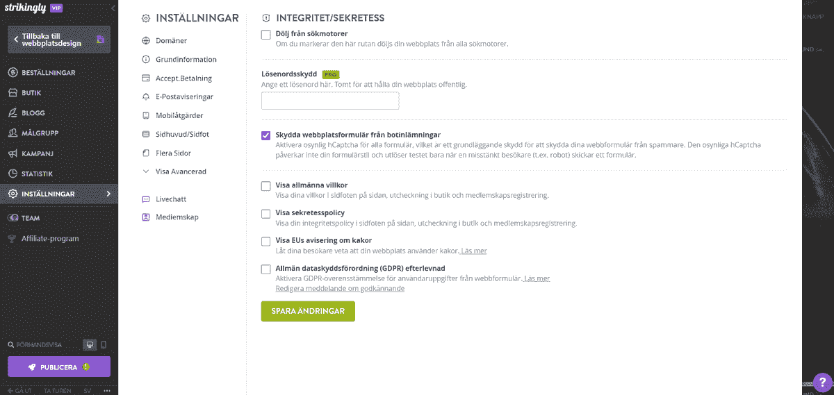 Gör det enkelt att hantera sekretesspolicy med Strikingly