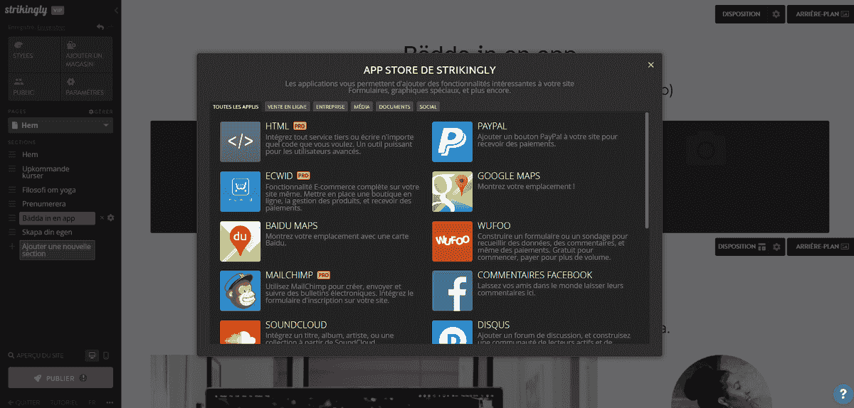 Ajouter des fonctionnalités avec les Apps Strikingly
