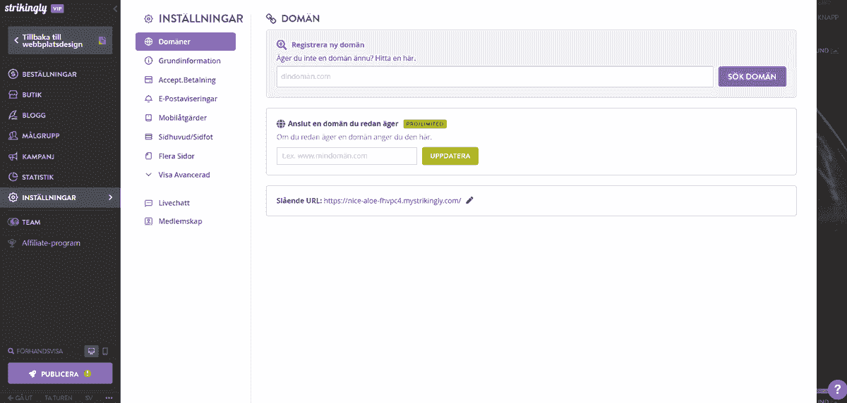 Välj ett domännamn med Strikingly