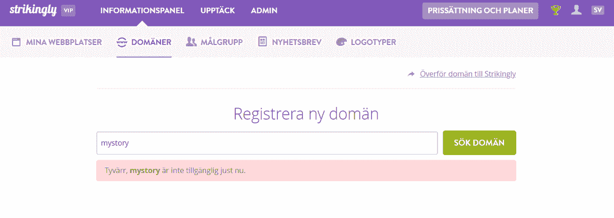 Välj ett domännamn med Strikingly