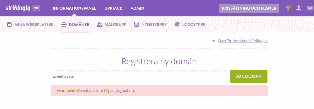 Välj ett domännamn med Strikingly