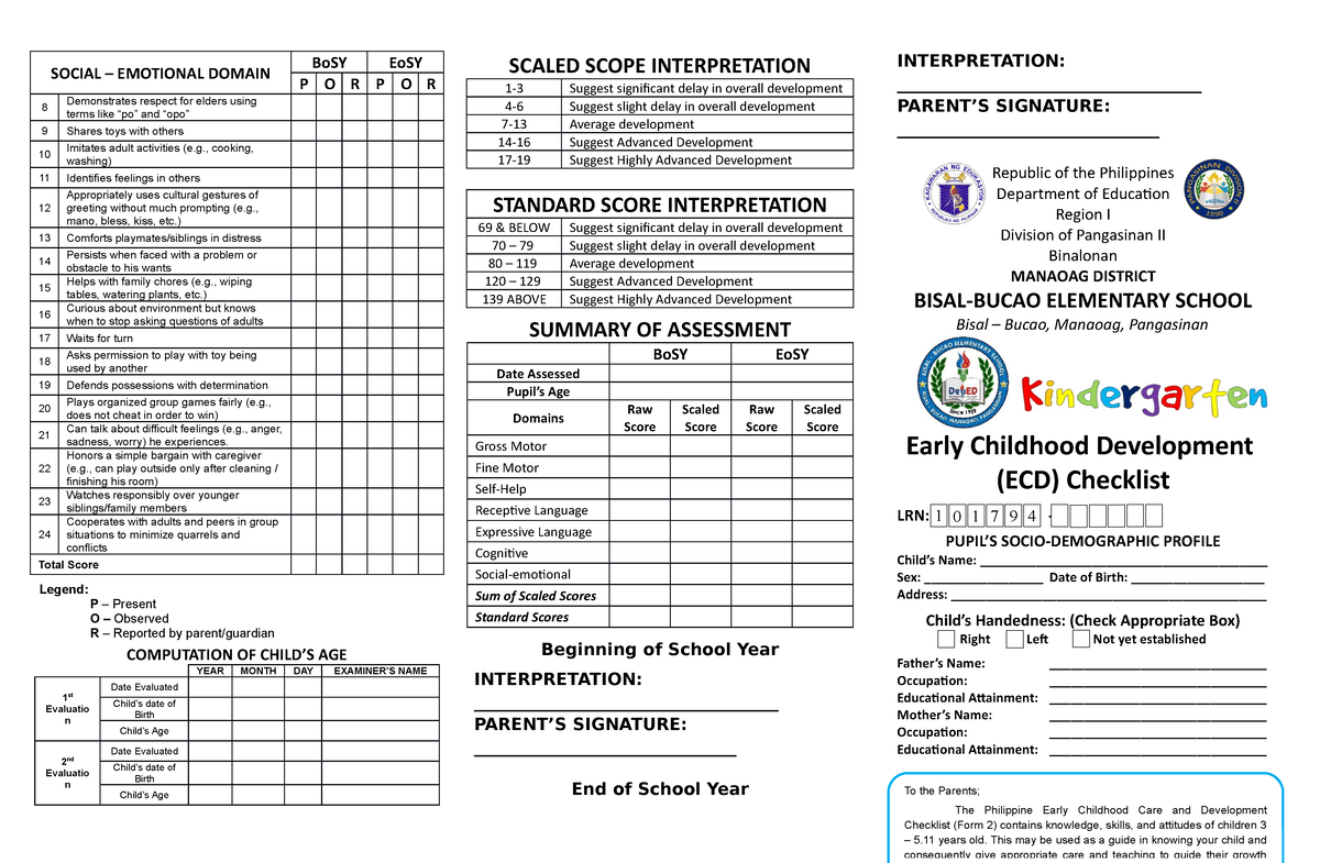 Deped eccd checklist for kindergarten 2018 excel